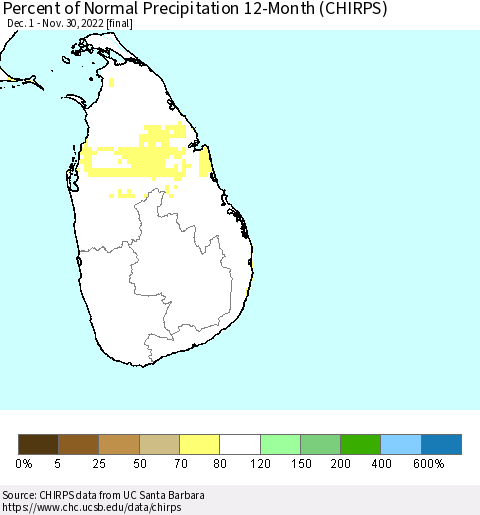 Sri Lanka Percent of Normal Precipitation 12-Month (CHIRPS) Thematic Map For 12/1/2021 - 11/30/2022