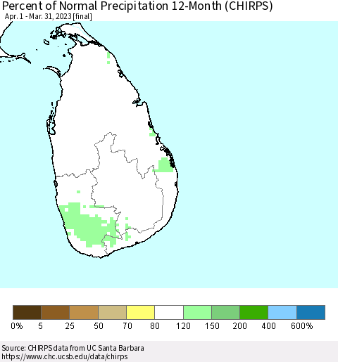 Sri Lanka Percent of Normal Precipitation 12-Month (CHIRPS) Thematic Map For 4/1/2022 - 3/31/2023