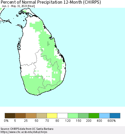 Sri Lanka Percent of Normal Precipitation 12-Month (CHIRPS) Thematic Map For 6/1/2022 - 5/31/2023
