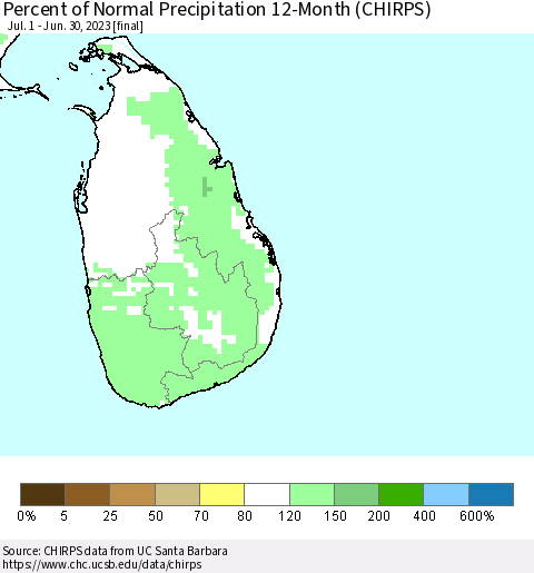 Sri Lanka Percent of Normal Precipitation 12-Month (CHIRPS) Thematic Map For 7/1/2022 - 6/30/2023