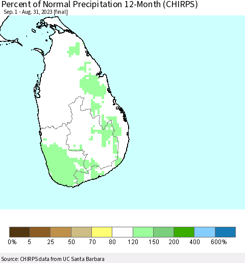 Sri Lanka Percent of Normal Precipitation 12-Month (CHIRPS) Thematic Map For 9/1/2022 - 8/31/2023