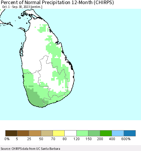 Sri Lanka Percent of Normal Precipitation 12-Month (CHIRPS) Thematic Map For 10/1/2022 - 9/30/2023