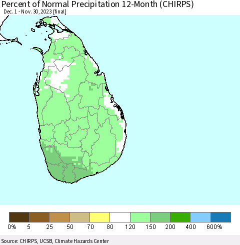 Sri Lanka Percent of Normal Precipitation 12-Month (CHIRPS) Thematic Map For 12/1/2022 - 11/30/2023