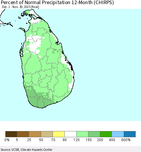 Sri Lanka Percent of Normal Precipitation 12-Month (CHIRPS) Thematic Map For 12/1/2022 - 11/30/2023