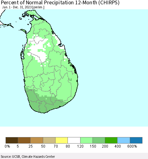 Sri Lanka Percent of Normal Precipitation 12-Month (CHIRPS) Thematic Map For 1/1/2023 - 12/31/2023