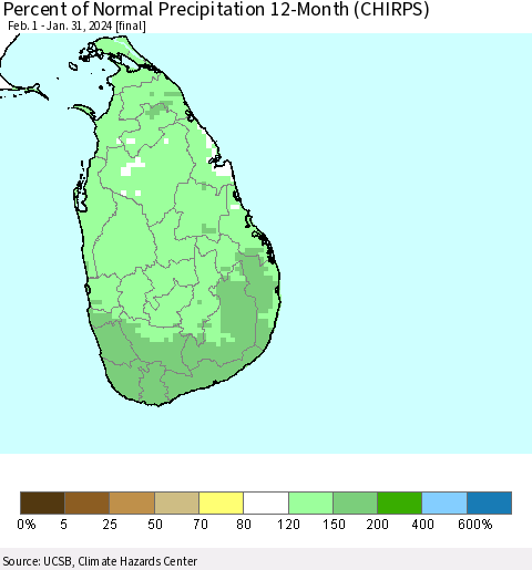 Sri Lanka Percent of Normal Precipitation 12-Month (CHIRPS) Thematic Map For 2/1/2023 - 1/31/2024