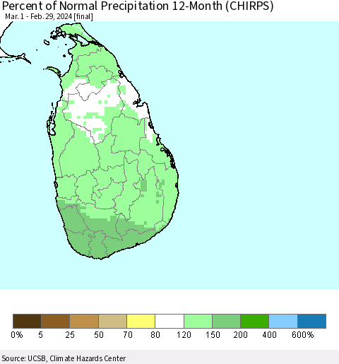 Sri Lanka Percent of Normal Precipitation 12-Month (CHIRPS) Thematic Map For 3/1/2023 - 2/29/2024