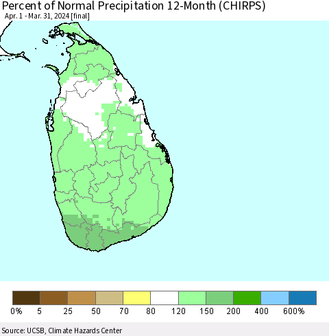 Sri Lanka Percent of Normal Precipitation 12-Month (CHIRPS) Thematic Map For 4/1/2023 - 3/31/2024
