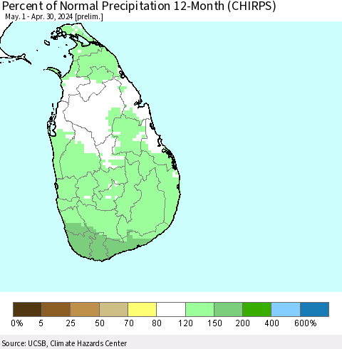 Sri Lanka Percent of Normal Precipitation 12-Month (CHIRPS) Thematic Map For 5/1/2023 - 4/30/2024
