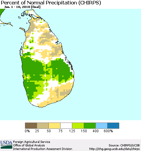 Sri Lanka Percent of Normal Precipitation (CHIRPS) Thematic Map For 6/1/2018 - 6/10/2018