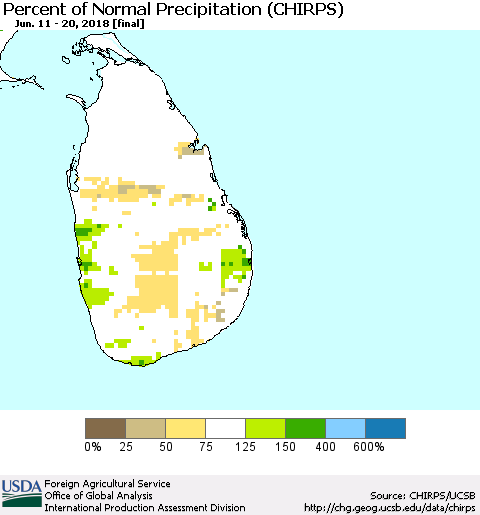 Sri Lanka Percent of Normal Precipitation (CHIRPS) Thematic Map For 6/11/2018 - 6/20/2018