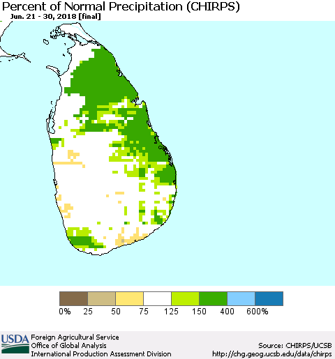 Sri Lanka Percent of Normal Precipitation (CHIRPS) Thematic Map For 6/21/2018 - 6/30/2018