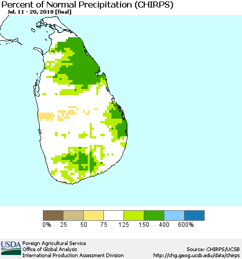 Sri Lanka Percent of Normal Precipitation (CHIRPS) Thematic Map For 7/11/2018 - 7/20/2018