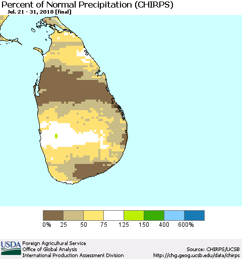 Sri Lanka Percent of Normal Precipitation (CHIRPS) Thematic Map For 7/21/2018 - 7/31/2018