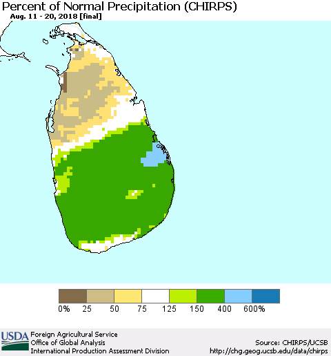 Sri Lanka Percent of Normal Precipitation (CHIRPS) Thematic Map For 8/11/2018 - 8/20/2018