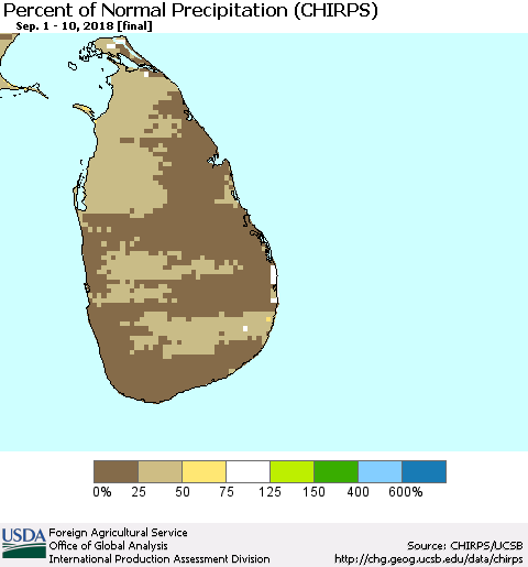 Sri Lanka Percent of Normal Precipitation (CHIRPS) Thematic Map For 9/1/2018 - 9/10/2018