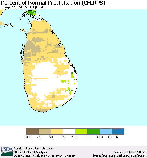 Sri Lanka Percent of Normal Precipitation (CHIRPS) Thematic Map For 9/11/2018 - 9/20/2018