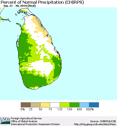 Sri Lanka Percent of Normal Precipitation (CHIRPS) Thematic Map For 9/21/2018 - 9/30/2018