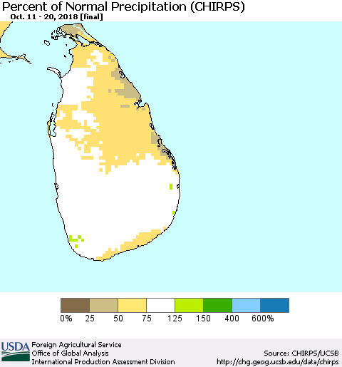 Sri Lanka Percent of Normal Precipitation (CHIRPS) Thematic Map For 10/11/2018 - 10/20/2018