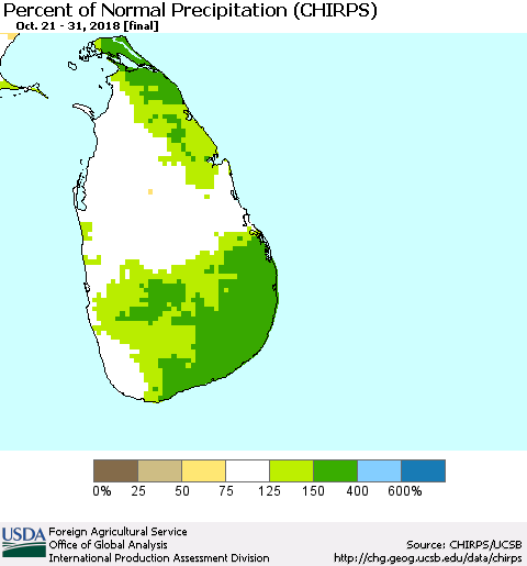 Sri Lanka Percent of Normal Precipitation (CHIRPS) Thematic Map For 10/21/2018 - 10/31/2018