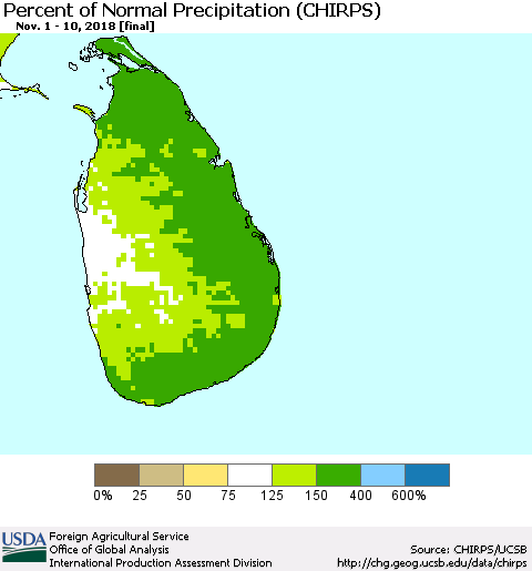 Sri Lanka Percent of Normal Precipitation (CHIRPS) Thematic Map For 11/1/2018 - 11/10/2018