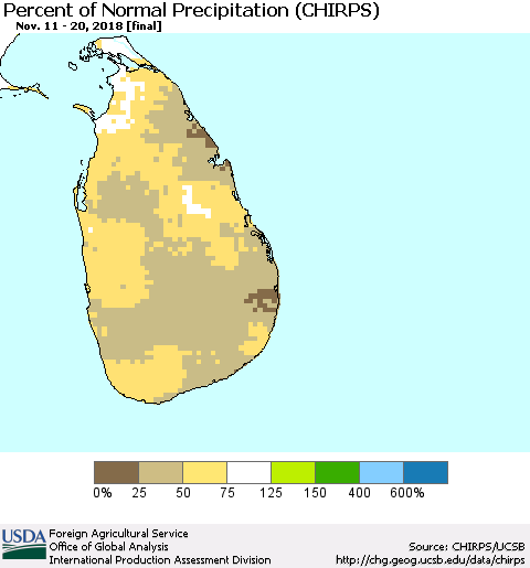 Sri Lanka Percent of Normal Precipitation (CHIRPS) Thematic Map For 11/11/2018 - 11/20/2018