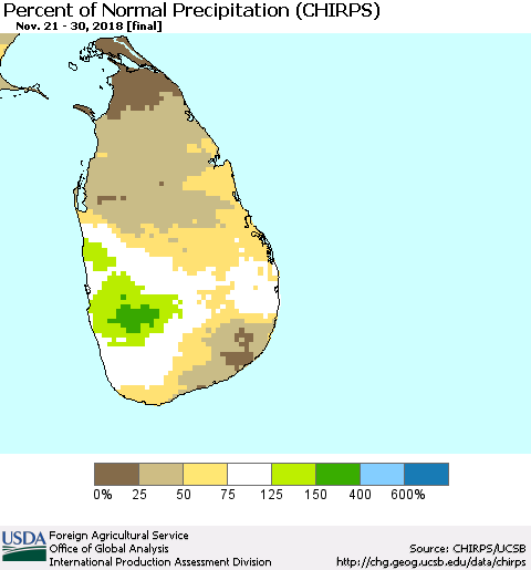 Sri Lanka Percent of Normal Precipitation (CHIRPS) Thematic Map For 11/21/2018 - 11/30/2018