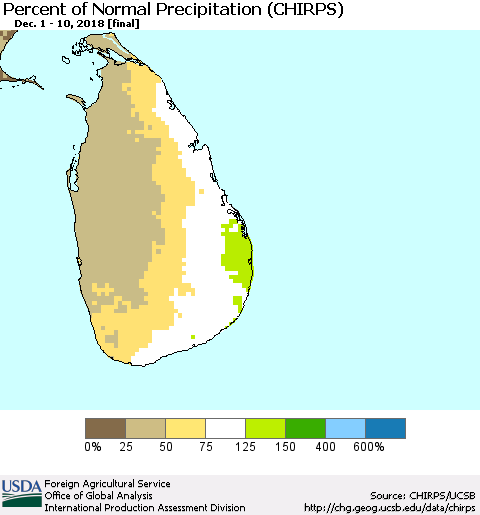 Sri Lanka Percent of Normal Precipitation (CHIRPS) Thematic Map For 12/1/2018 - 12/10/2018