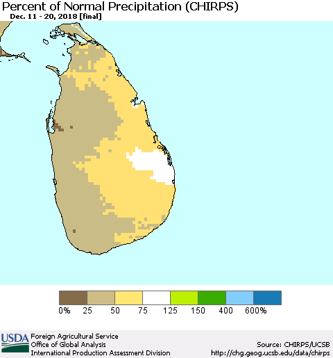 Sri Lanka Percent of Normal Precipitation (CHIRPS) Thematic Map For 12/11/2018 - 12/20/2018