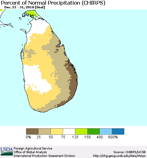 Sri Lanka Percent of Normal Precipitation (CHIRPS) Thematic Map For 12/21/2018 - 12/31/2018