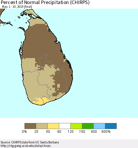 Sri Lanka Percent of Normal Precipitation (CHIRPS) Thematic Map For 5/1/2019 - 5/10/2019
