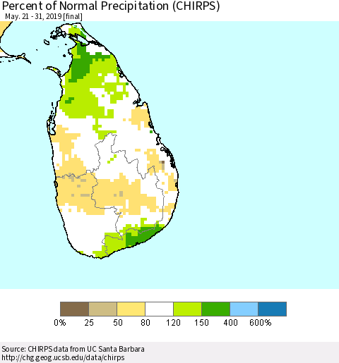 Sri Lanka Percent of Normal Precipitation (CHIRPS) Thematic Map For 5/21/2019 - 5/31/2019