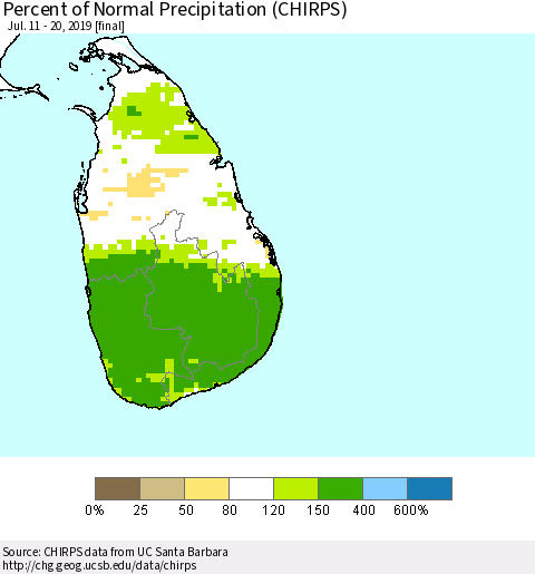Sri Lanka Percent of Normal Precipitation (CHIRPS) Thematic Map For 7/11/2019 - 7/20/2019