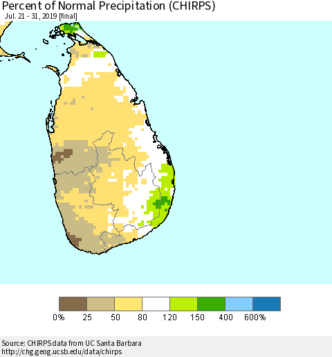 Sri Lanka Percent of Normal Precipitation (CHIRPS) Thematic Map For 7/21/2019 - 7/31/2019