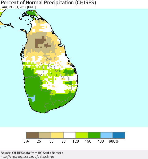 Sri Lanka Percent of Normal Precipitation (CHIRPS) Thematic Map For 8/21/2019 - 8/31/2019
