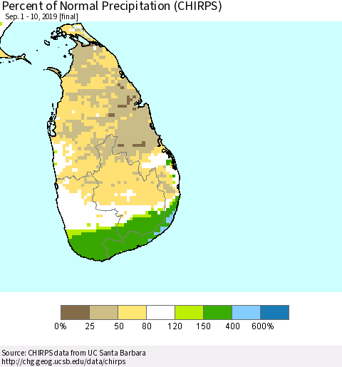 Sri Lanka Percent of Normal Precipitation (CHIRPS) Thematic Map For 9/1/2019 - 9/10/2019