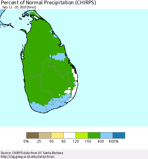 Sri Lanka Percent of Normal Precipitation (CHIRPS) Thematic Map For 9/11/2019 - 9/20/2019