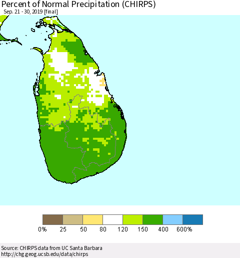 Sri Lanka Percent of Normal Precipitation (CHIRPS) Thematic Map For 9/21/2019 - 9/30/2019