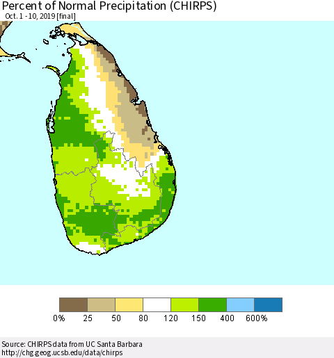 Sri Lanka Percent of Normal Precipitation (CHIRPS) Thematic Map For 10/1/2019 - 10/10/2019