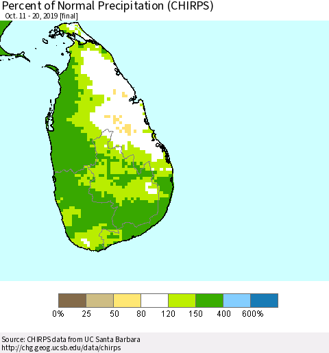 Sri Lanka Percent of Normal Precipitation (CHIRPS) Thematic Map For 10/11/2019 - 10/20/2019