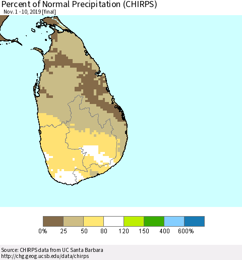 Sri Lanka Percent of Normal Precipitation (CHIRPS) Thematic Map For 11/1/2019 - 11/10/2019