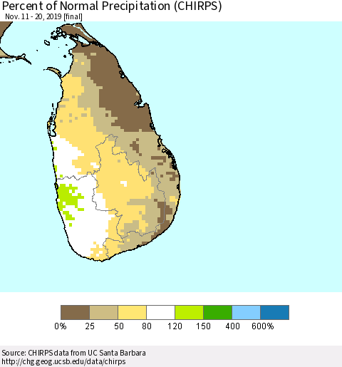 Sri Lanka Percent of Normal Precipitation (CHIRPS) Thematic Map For 11/11/2019 - 11/20/2019