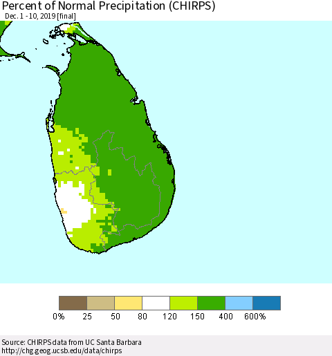 Sri Lanka Percent of Normal Precipitation (CHIRPS) Thematic Map For 12/1/2019 - 12/10/2019