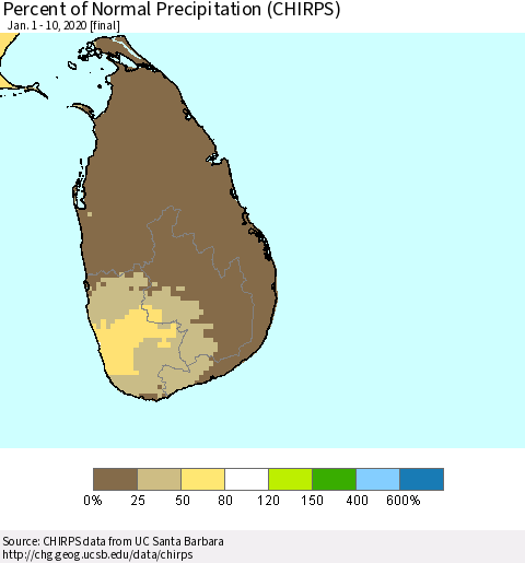Sri Lanka Percent of Normal Precipitation (CHIRPS) Thematic Map For 1/1/2020 - 1/10/2020