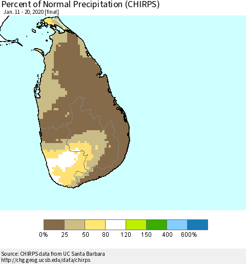 Sri Lanka Percent of Normal Precipitation (CHIRPS) Thematic Map For 1/11/2020 - 1/20/2020