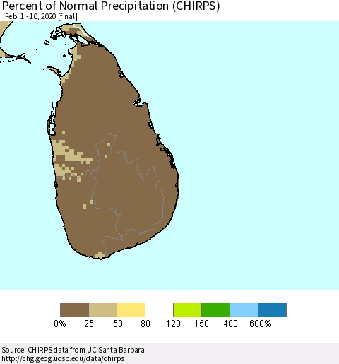 Sri Lanka Percent of Normal Precipitation (CHIRPS) Thematic Map For 2/1/2020 - 2/10/2020