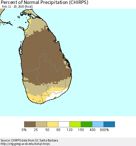 Sri Lanka Percent of Normal Precipitation (CHIRPS) Thematic Map For 2/11/2020 - 2/20/2020