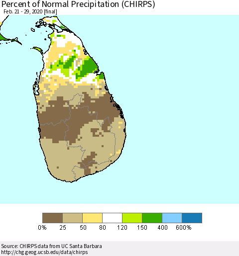 Sri Lanka Percent of Normal Precipitation (CHIRPS) Thematic Map For 2/21/2020 - 2/29/2020