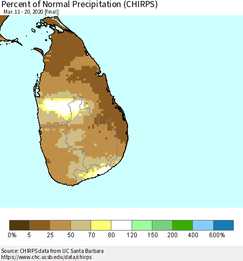 Sri Lanka Percent of Normal Precipitation (CHIRPS) Thematic Map For 3/11/2020 - 3/20/2020