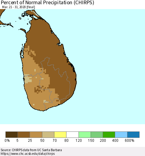 Sri Lanka Percent of Normal Precipitation (CHIRPS) Thematic Map For 3/21/2020 - 3/31/2020